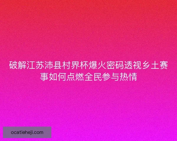 破解江苏沛县村界杯爆火密码透视乡土赛事如何点燃全民参与热情